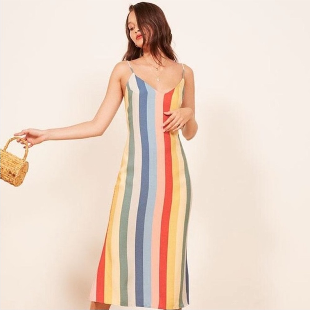 REFORMATION Jaxon Rainbow Midi Dress with Back Lace Straps